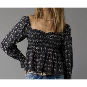 NEW American Eagle Long Sleeve Smocked Babydoll Blouse Bohemian Top Large